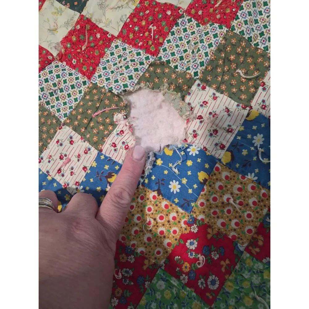 Vtg Trip Around the World Quilt Hand Sewn 78x68 Pastel Postage Stamp Flour Sack